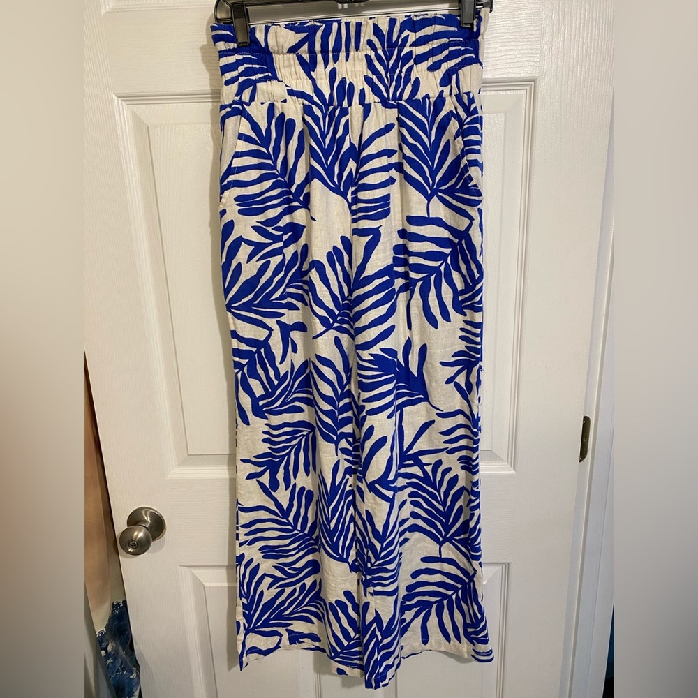 Sincerely Jules Blue  Linen Blend Paperbag Waist Wide Leg Pull On Pants Medium